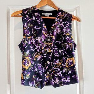 Votre Nom Black Purple Gold Floral Print Silk Vest